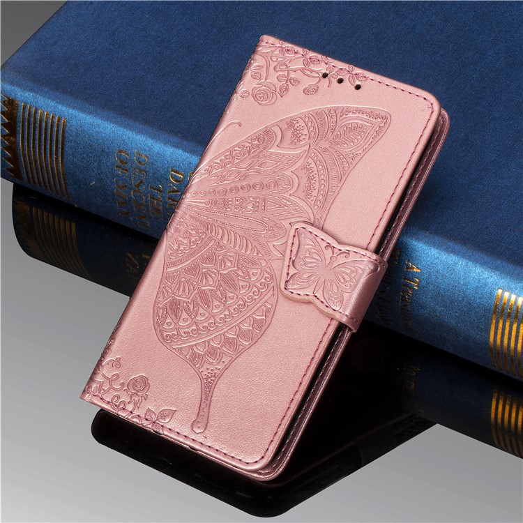 Caixa de Carteira de Couro de Flor de Borboleta Para a Samsung Galaxy A20e - Rosa Ouro