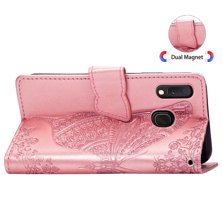 Caixa de Carteira de Couro de Flor de Borboleta Para a Samsung Galaxy A20e - Rosa Ouro