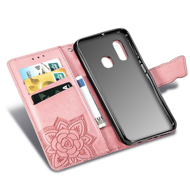 Caixa de Carteira de Couro de Flor de Borboleta Para a Samsung Galaxy A20e - Rosa Ouro