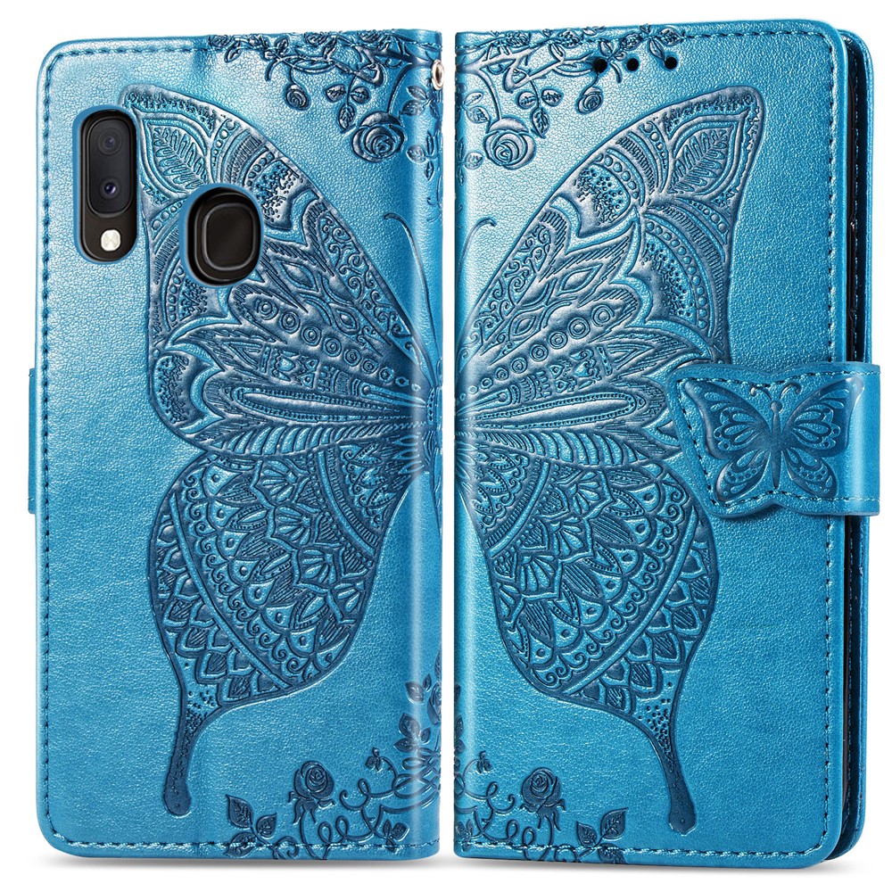Imprint Butterfly Flower Leather Wallet Case for Samsung Galaxy A20e - Blue-1