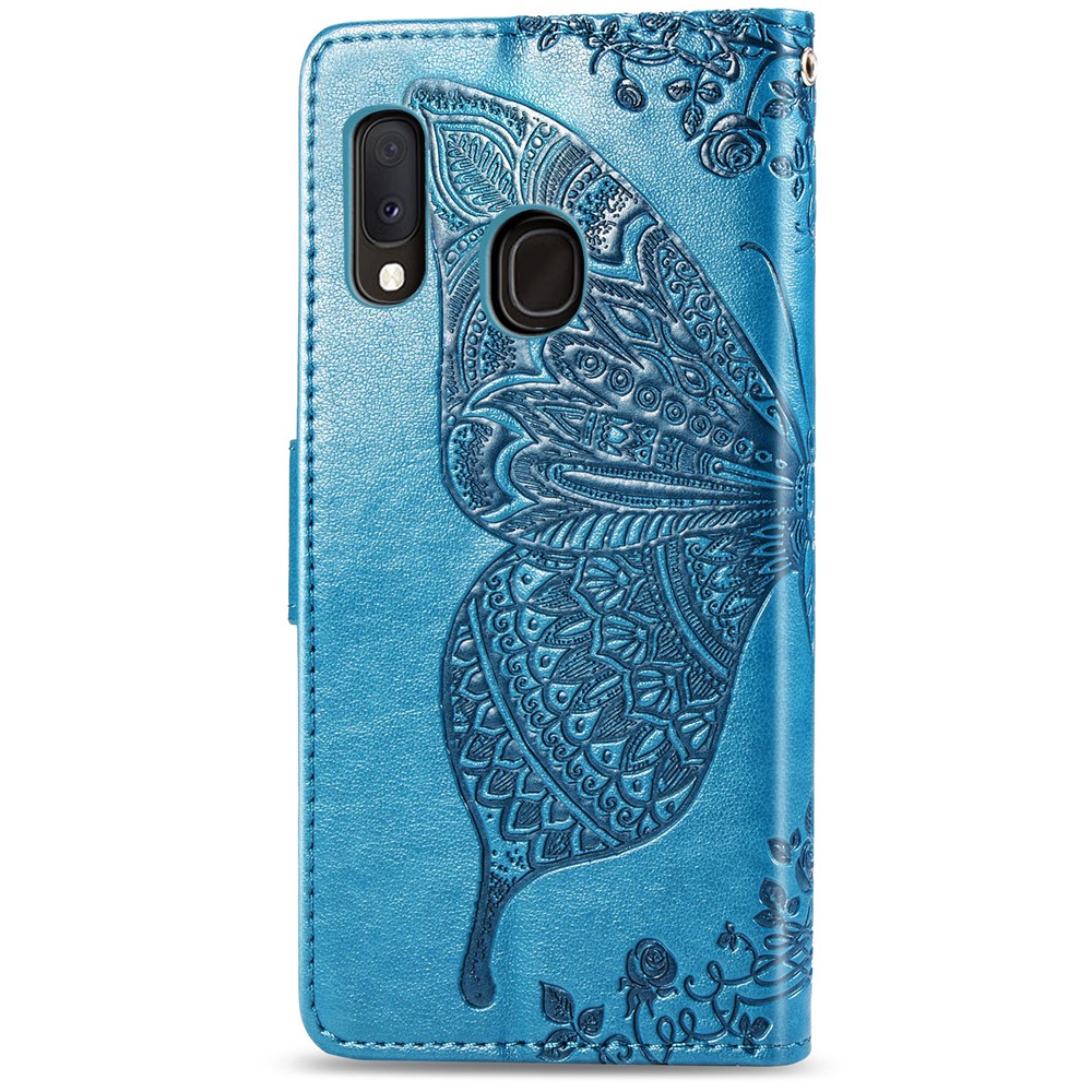 Imprint Butterfly Flower Leather Wallet Case for Samsung Galaxy A20e - Blue-3