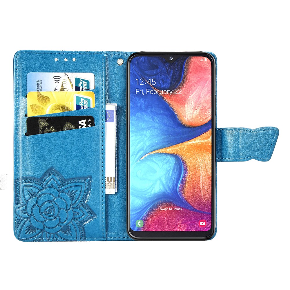 Imprint Butterfly Flower Leather Wallet Case for Samsung Galaxy A20e - Blue-4