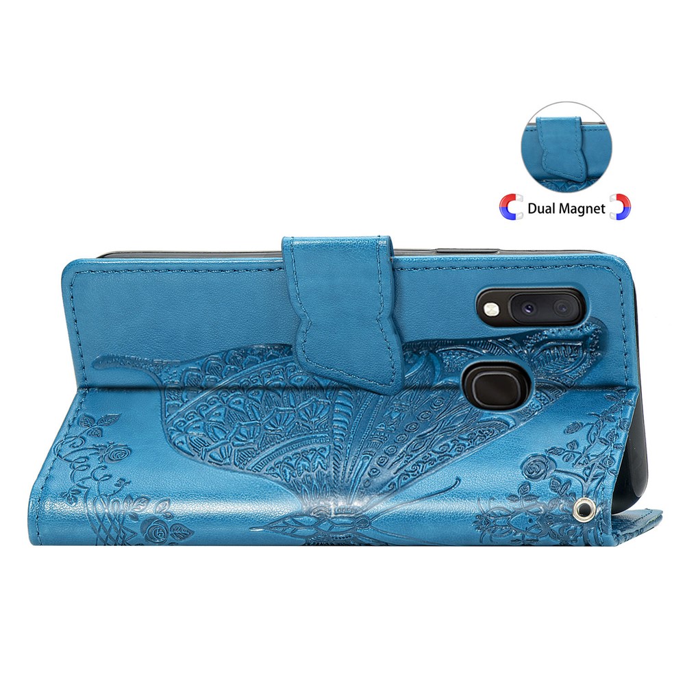 Imprint Butterfly Flower Leather Wallet Case for Samsung Galaxy A20e - Blue-6