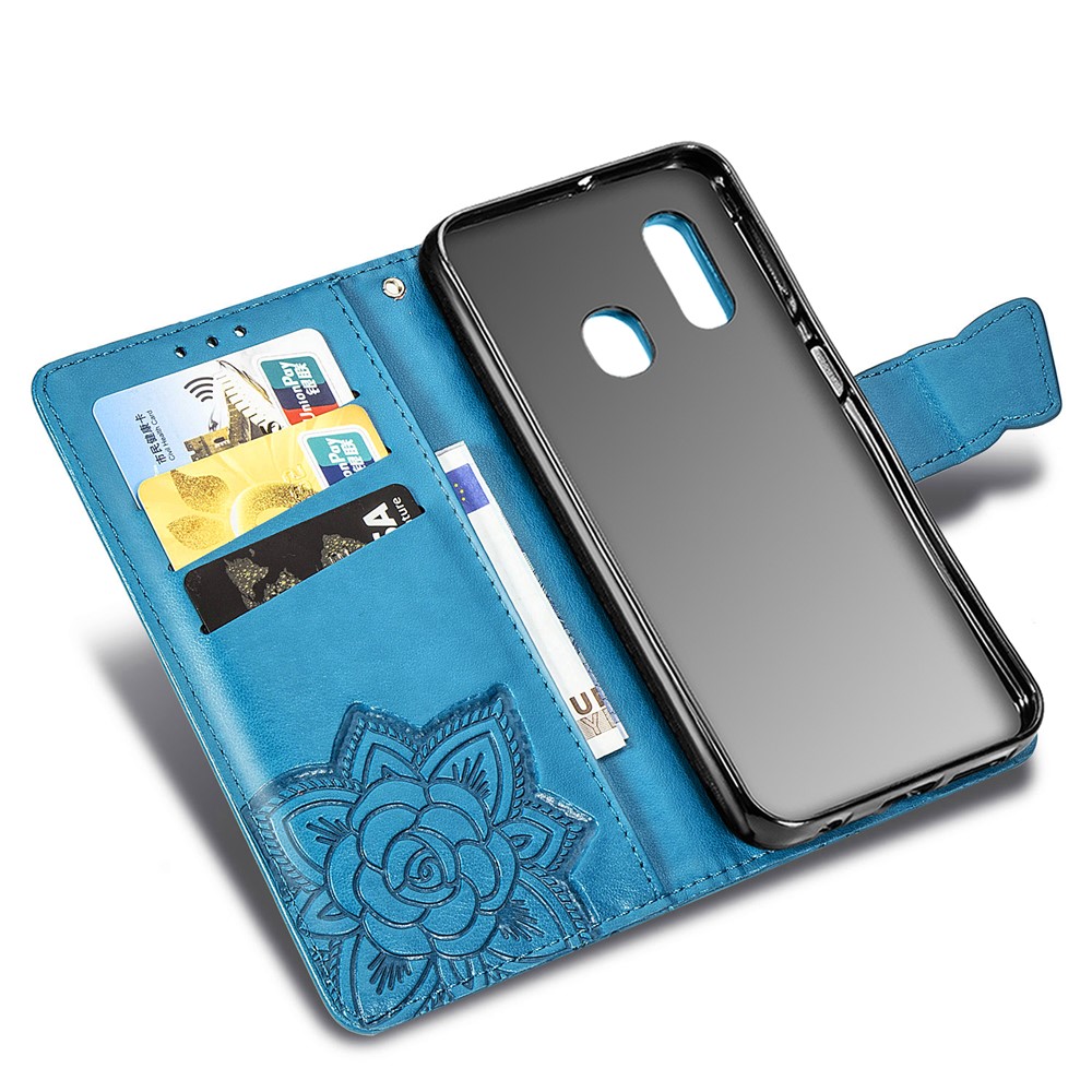 Imprint Butterfly Flower Leather Wallet Case for Samsung Galaxy A20e - Blue-7