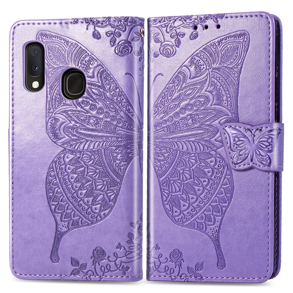 Imprint Butterfly Flower Leather Wallet Case for Samsung Galaxy A20e - Light Purple-1