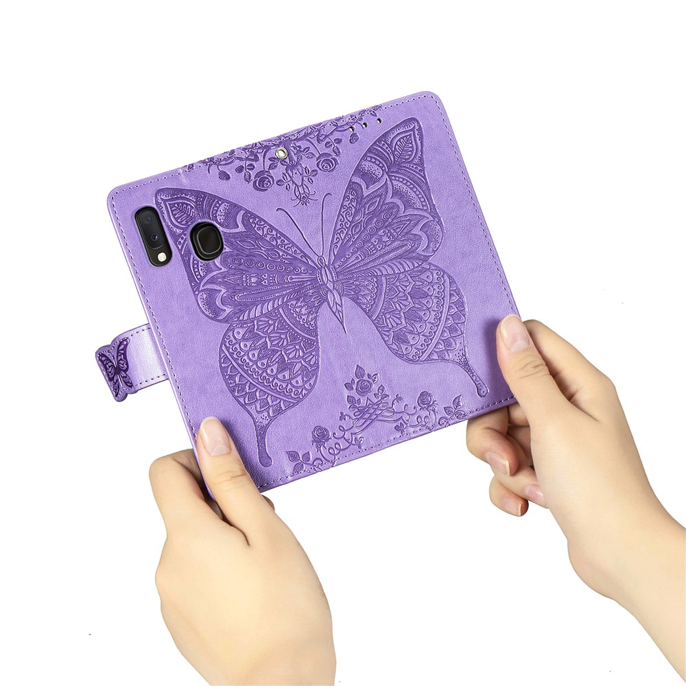 Imprint Butterfly Flower Leather Wallet Case for Samsung Galaxy A20e - Light Purple-10