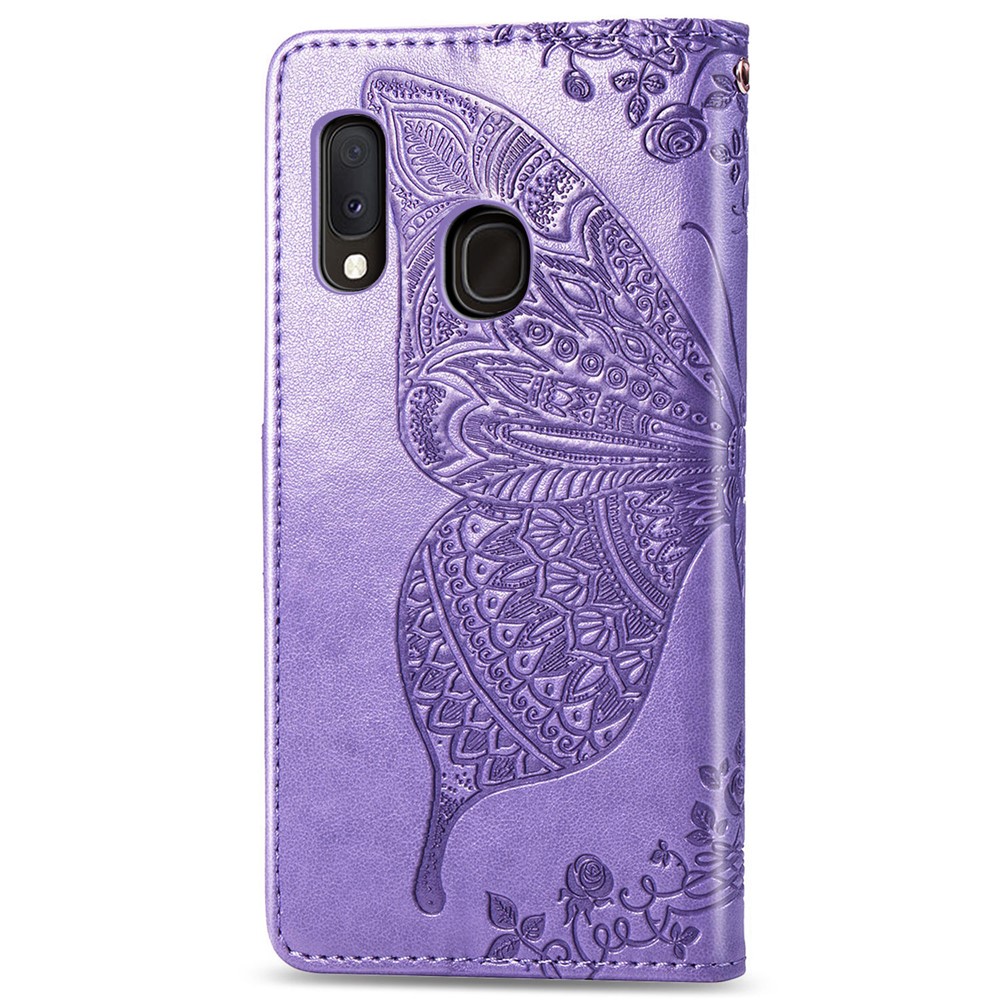 Imprint Butterfly Flower Leather Wallet Case for Samsung Galaxy A20e - Light Purple-3