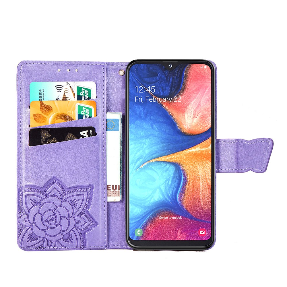 Imprint Butterfly Flower Leather Wallet Case for Samsung Galaxy A20e - Light Purple-4
