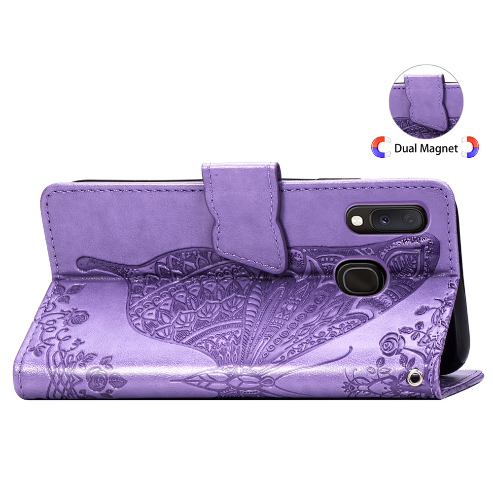 Imprint Butterfly Flower Leather Wallet Case for Samsung Galaxy A20e - Light Purple-6