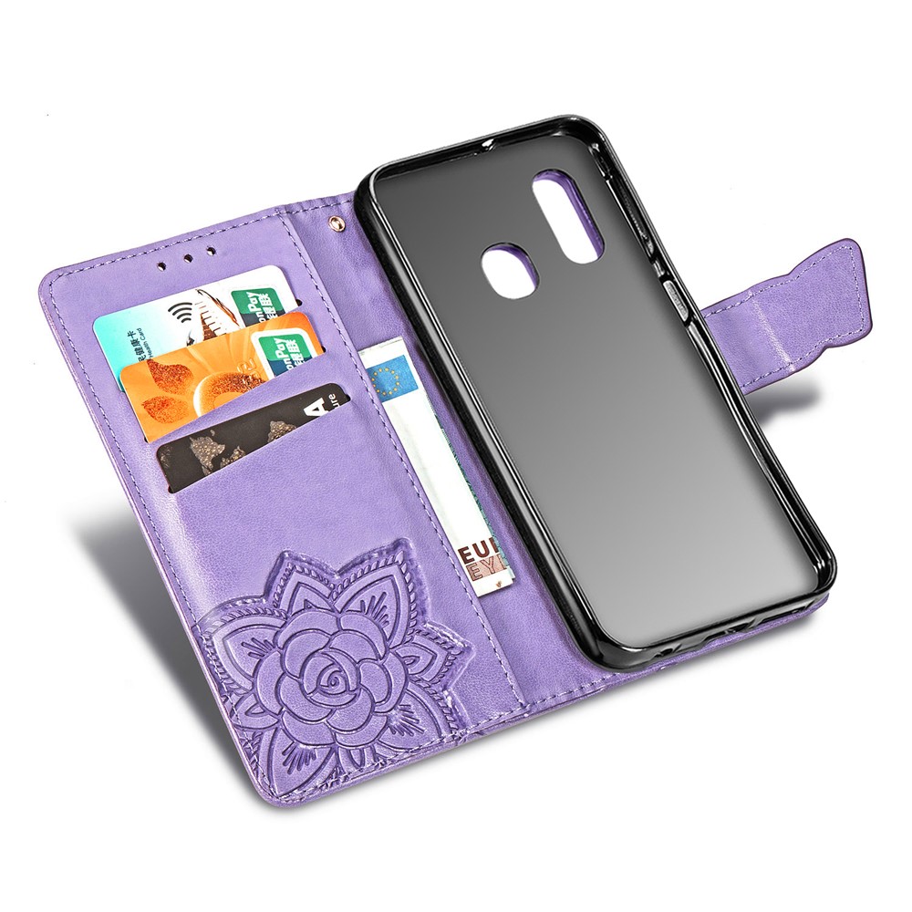 Imprint Butterfly Flower Leather Wallet Case for Samsung Galaxy A20e - Light Purple-7