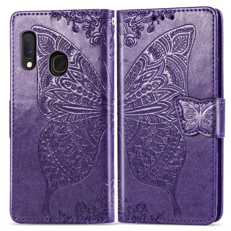 Imprint Butterfly Flower Leather Wallet Case for Samsung Galaxy A20e - Dark Purple-1