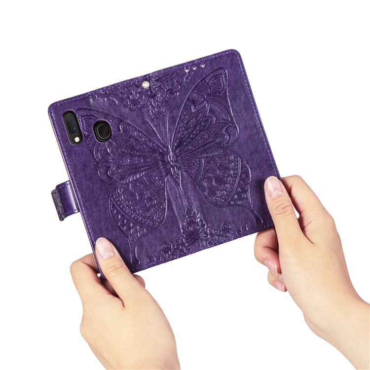 Imprint Butterfly Flower Leather Wallet Case for Samsung Galaxy A20e - Dark Purple-10
