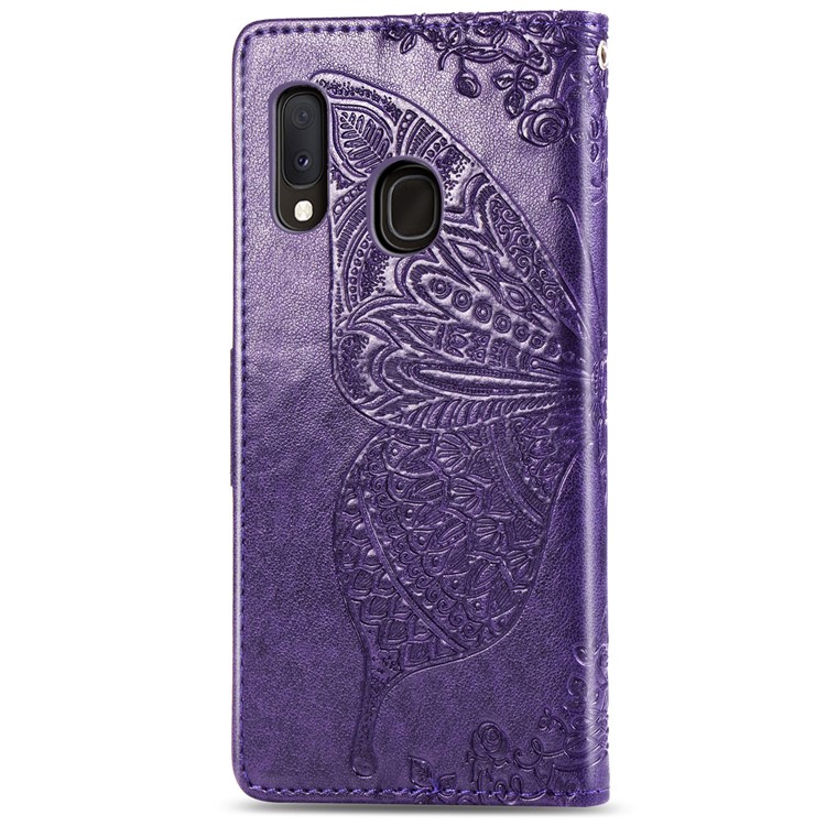 Imprint Butterfly Flower Leather Wallet Case for Samsung Galaxy A20e - Dark Purple-3
