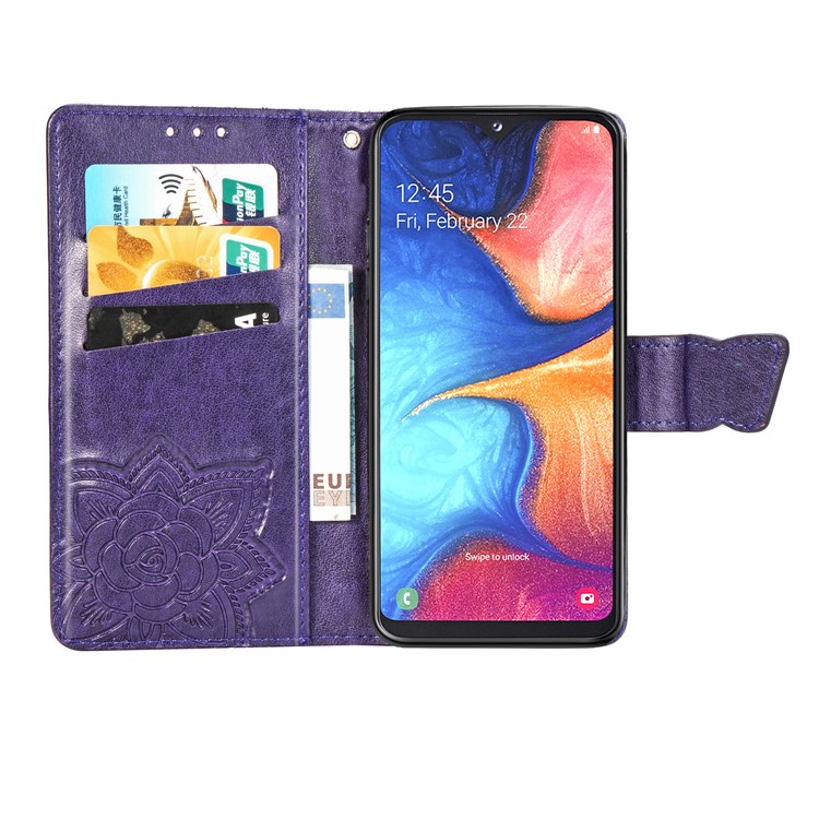 Imprint Butterfly Flower Leather Wallet Case for Samsung Galaxy A20e - Dark Purple-4