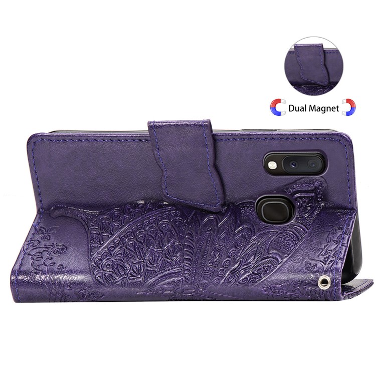 Imprint Butterfly Flower Leather Wallet Case for Samsung Galaxy A20e - Dark Purple-6