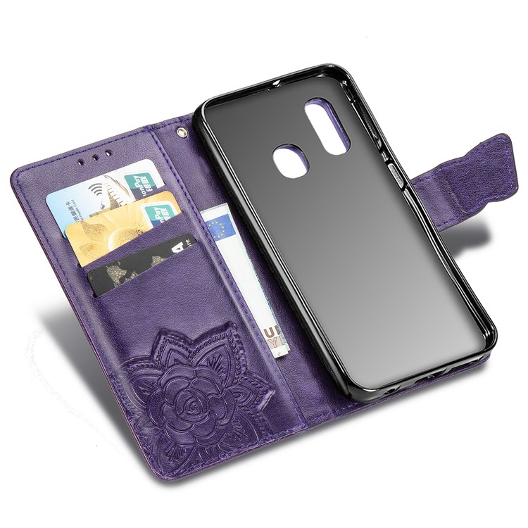 Imprint Butterfly Flower Leather Wallet Case for Samsung Galaxy A20e - Dark Purple-7