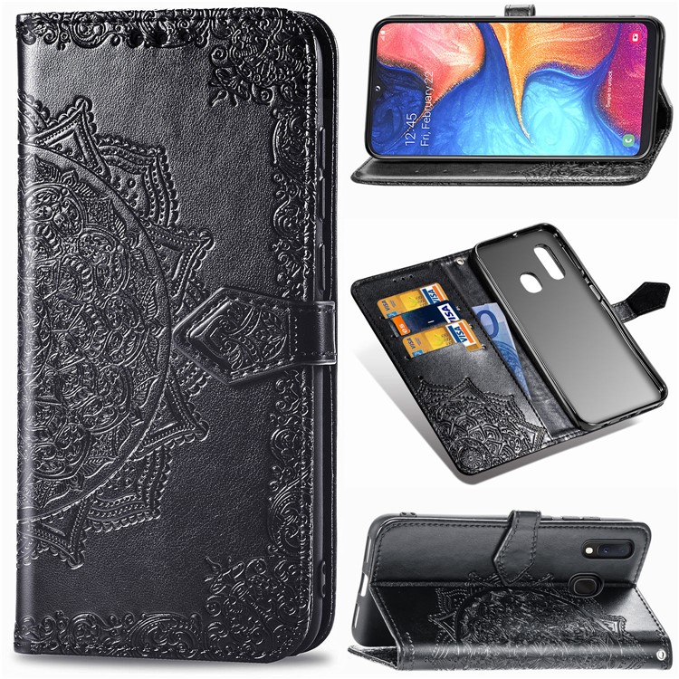 Embossed Mandala Flower Leather Wallet Case for Samsung Galaxy A20e - Black-1
