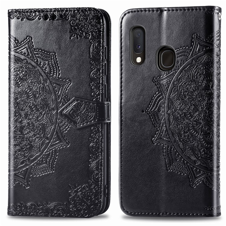 Embossed Mandala Flower Leather Wallet Case for Samsung Galaxy A20e - Black-2