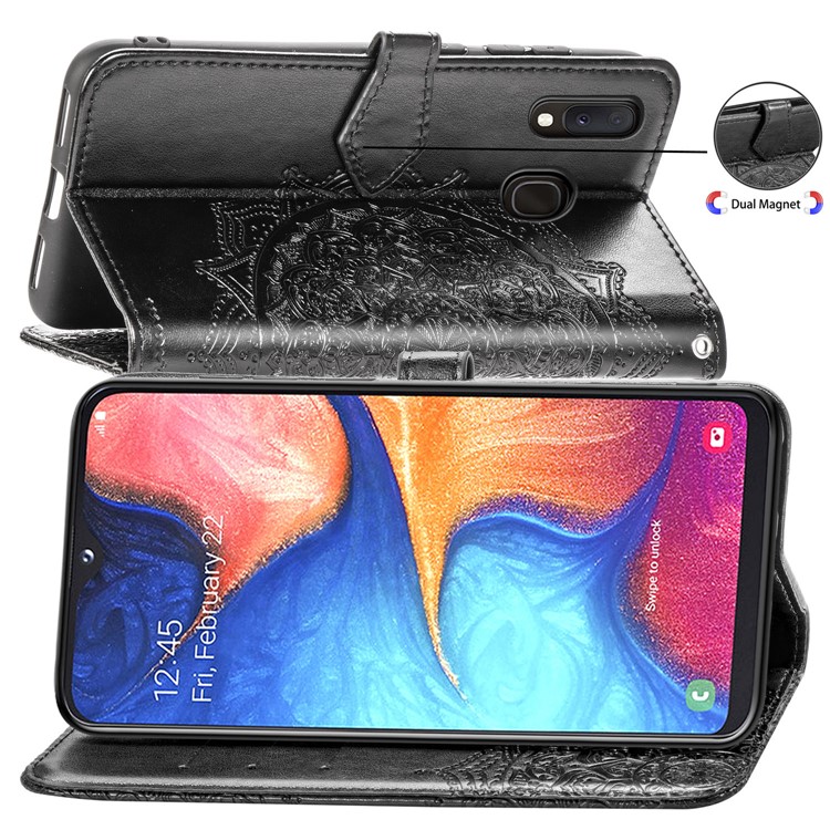 Embossed Mandala Flower Leather Wallet Case for Samsung Galaxy A20e - Black-6
