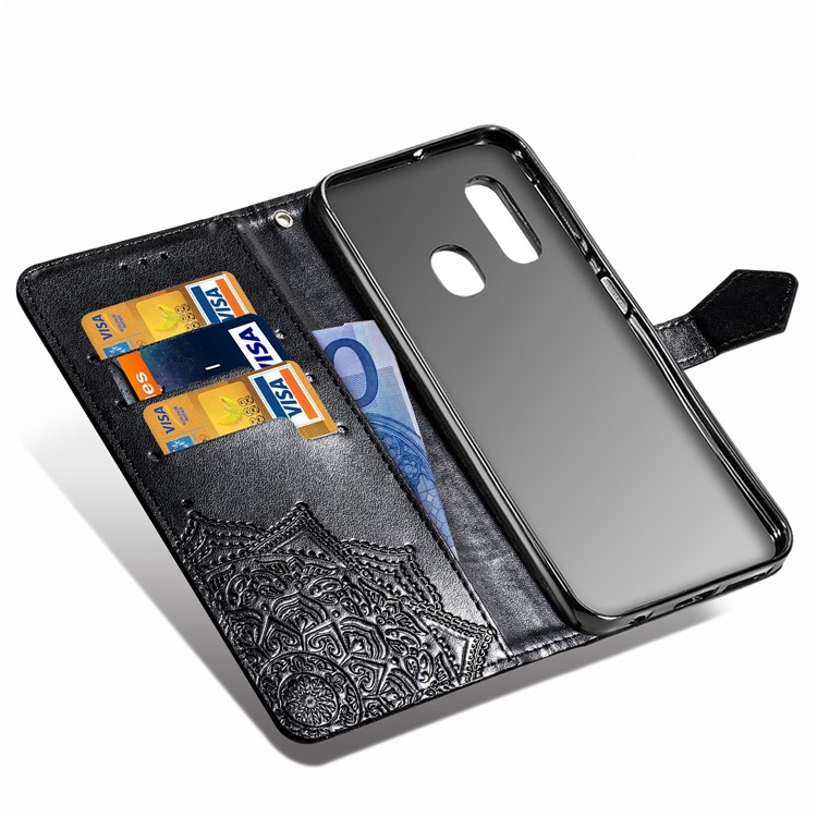 Embossed Mandala Flower Leather Wallet Case for Samsung Galaxy A20e - Black-7