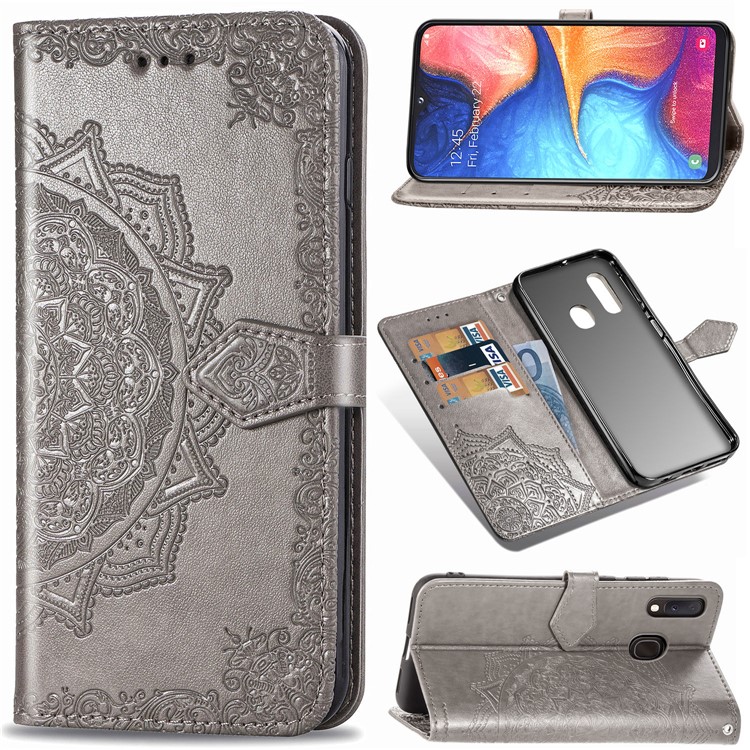 Funda De Cuero Con Diseño De Mandala En Relieve Para Samsung Galaxy A20e - Gris-1