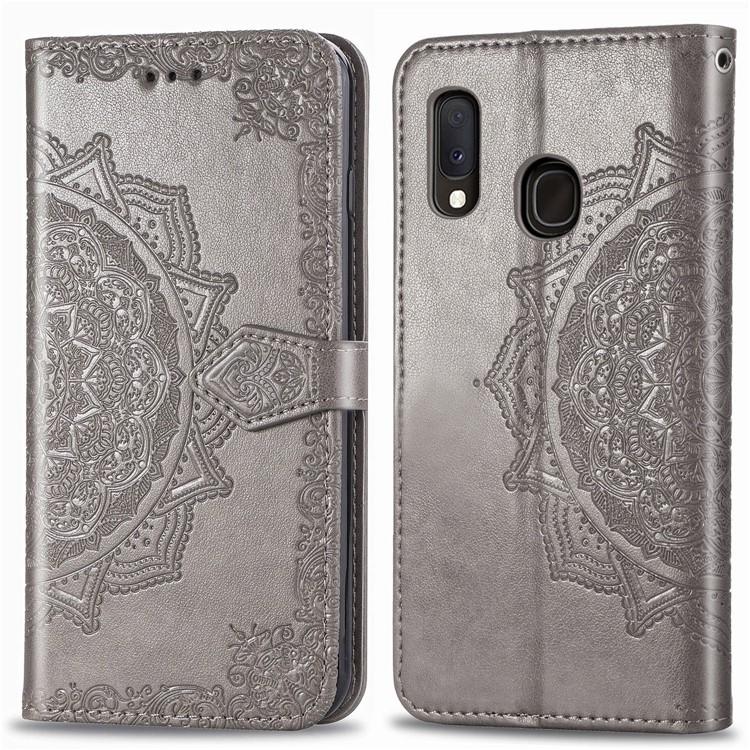 Funda De Cuero Con Diseño De Mandala En Relieve Para Samsung Galaxy A20e - Gris-2