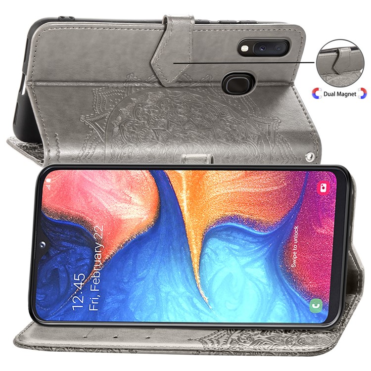 Funda De Cuero Con Diseño De Mandala En Relieve Para Samsung Galaxy A20e - Gris-6