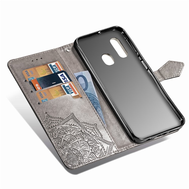 Funda De Cuero Con Diseño De Mandala En Relieve Para Samsung Galaxy A20e - Gris-7