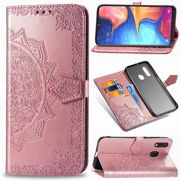 Embossed Mandala Flower Leather Wallet Case for Samsung Galaxy A20e - Rose Gold-1