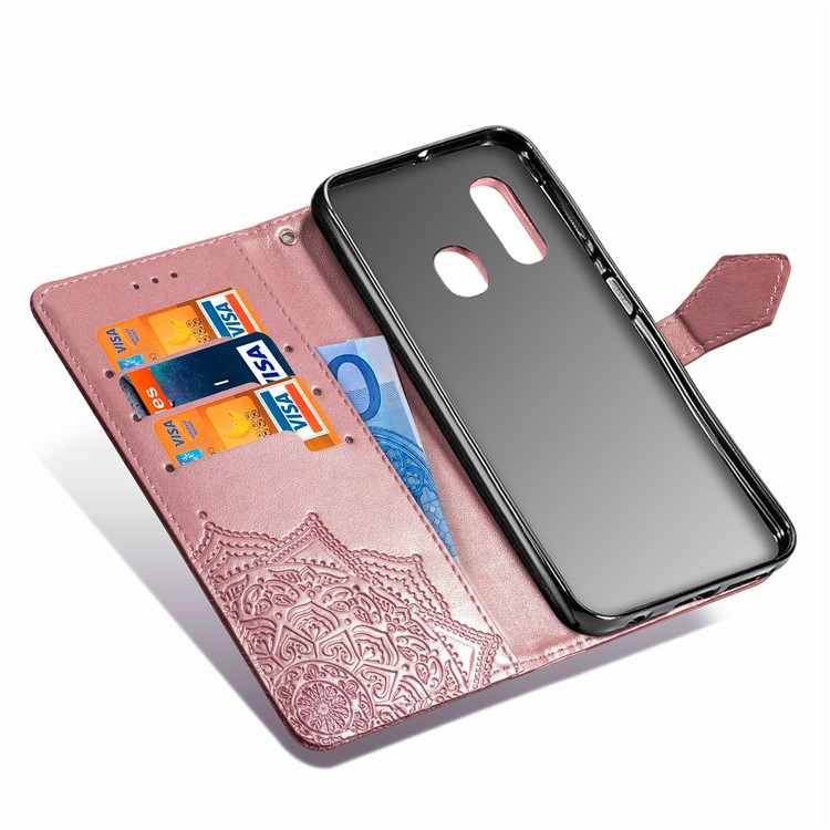 Embossed Mandala Flower Leather Wallet Case for Samsung Galaxy A20e - Rose Gold-7