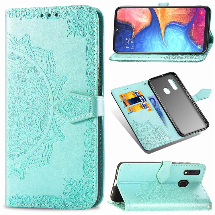 Embossed Mandala Flower Leather Wallet Case for Samsung Galaxy A20e - Cyan-1