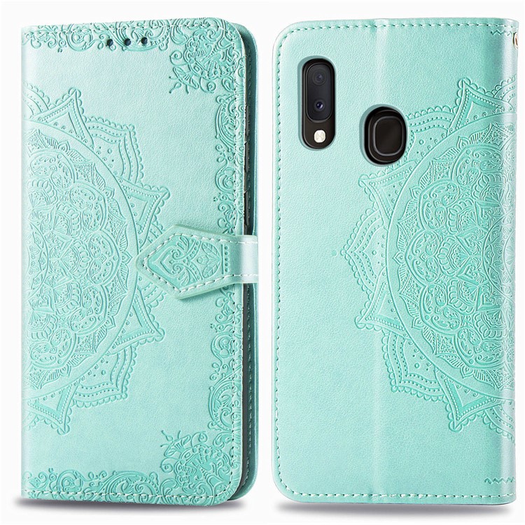 Embossed Mandala Flower Leather Wallet Case for Samsung Galaxy A20e - Cyan-2