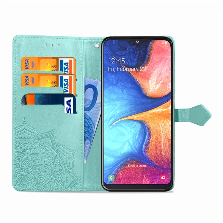 Embossed Mandala Flower Leather Wallet Case for Samsung Galaxy A20e - Cyan-5