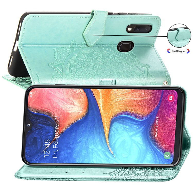 Embossed Mandala Flower Leather Wallet Case for Samsung Galaxy A20e - Cyan-6