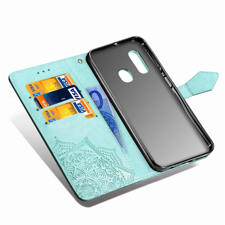 Embossed Mandala Flower Leather Wallet Case for Samsung Galaxy A20e - Cyan-7