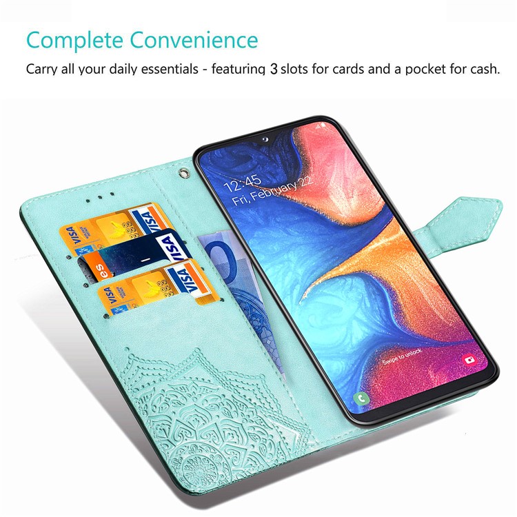 Embossed Mandala Flower Leather Wallet Case for Samsung Galaxy A20e - Cyan-8