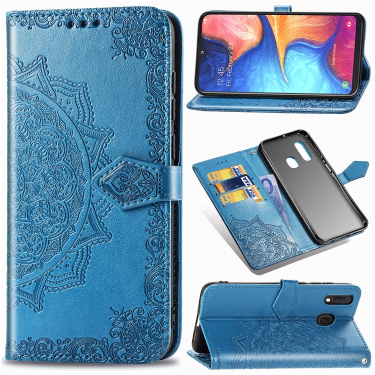 Embossed Mandala Flower Leather Wallet Case for Samsung Galaxy A20e - Blue-1