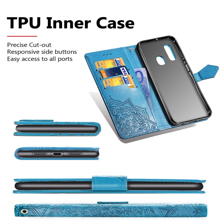 Embossed Mandala Flower Leather Wallet Case for Samsung Galaxy A20e - Blue-10