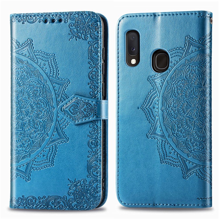 Embossed Mandala Flower Leather Wallet Case for Samsung Galaxy A20e - Blue-2