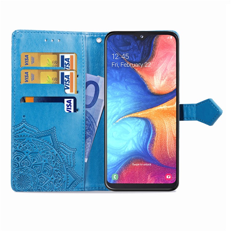 Embossed Mandala Flower Leather Wallet Case for Samsung Galaxy A20e - Blue-5