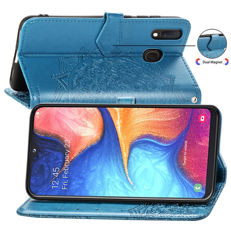 Embossed Mandala Flower Leather Wallet Case for Samsung Galaxy A20e - Blue-6