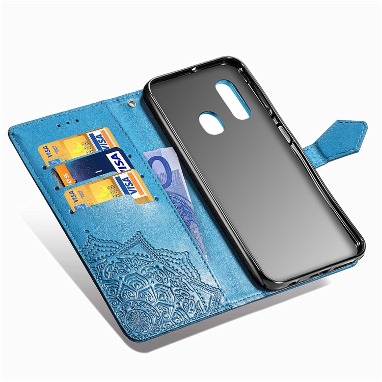 Embossed Mandala Flower Leather Wallet Case for Samsung Galaxy A20e - Blue-7