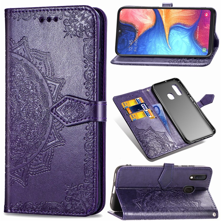 Embossed Mandala Flower Leather Wallet Case for Samsung Galaxy A20e - Purple-1