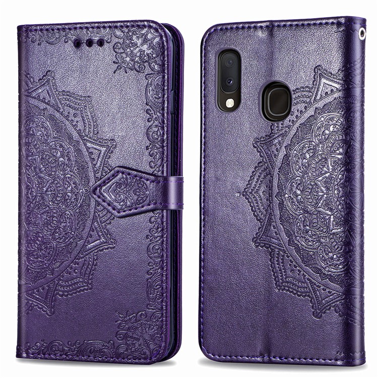 Embossed Mandala Flower Leather Wallet Case for Samsung Galaxy A20e - Purple-2