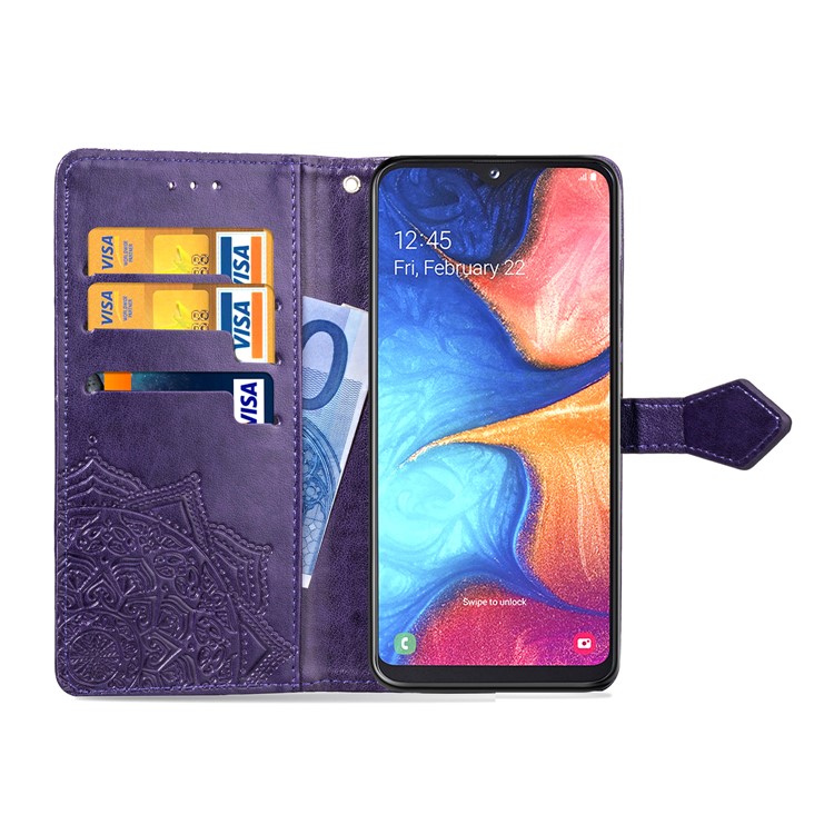 Embossed Mandala Flower Leather Wallet Case for Samsung Galaxy A20e - Purple-5
