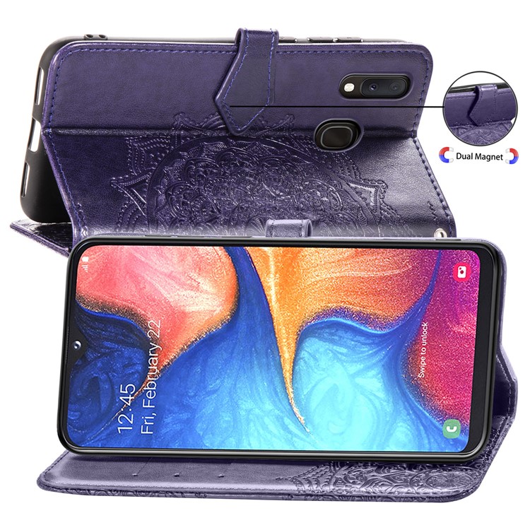 Embossed Mandala Flower Leather Wallet Case for Samsung Galaxy A20e - Purple-6