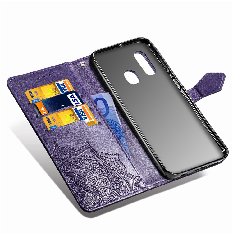 Embossed Mandala Flower Leather Wallet Case for Samsung Galaxy A20e - Purple-7