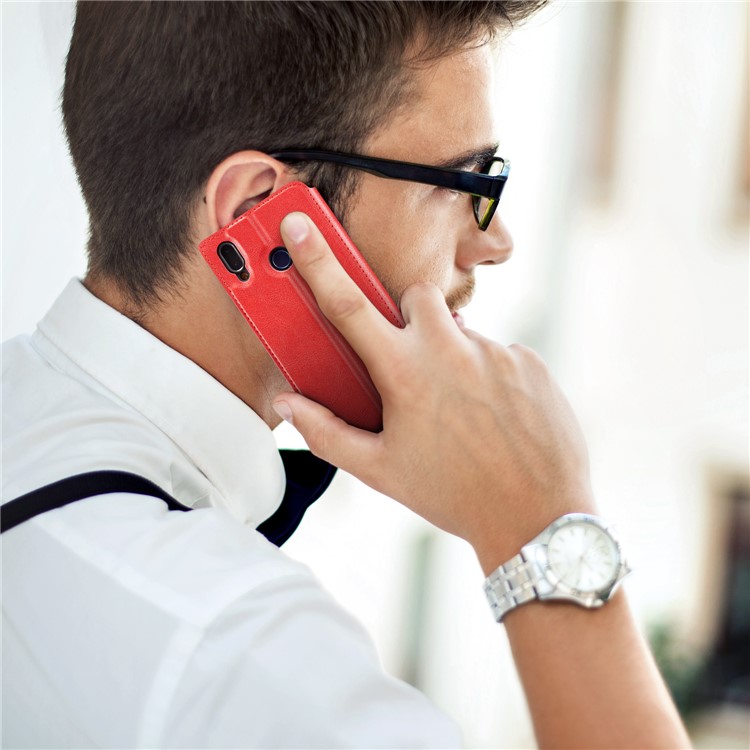 Ultra-thin Leather Flip Phone Cover with Card Slots for Samsung Galaxy A20e / A10e - Red-18