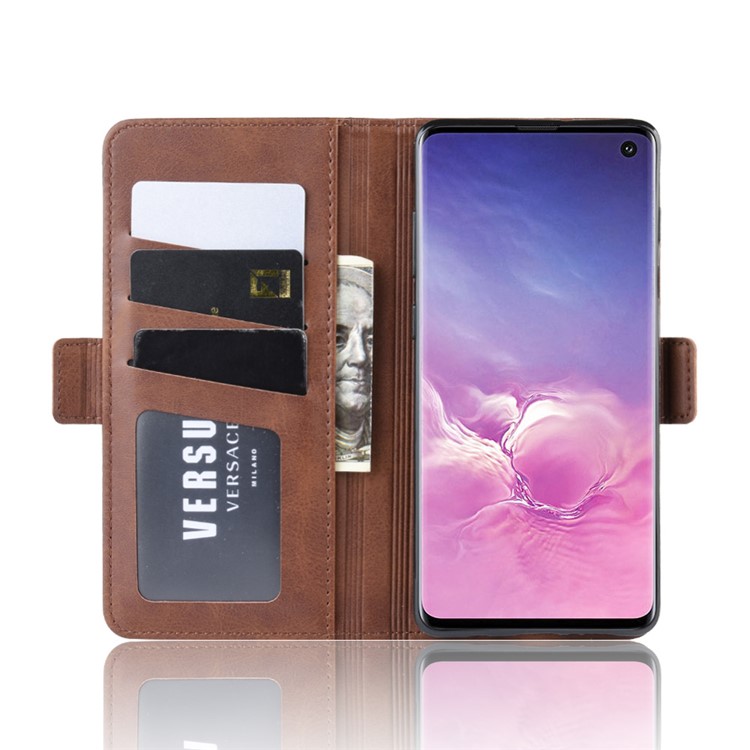 Magnetic Double Clasp Leather Wallet Stand Case for Samsung Galaxy S10 - Coffee-3