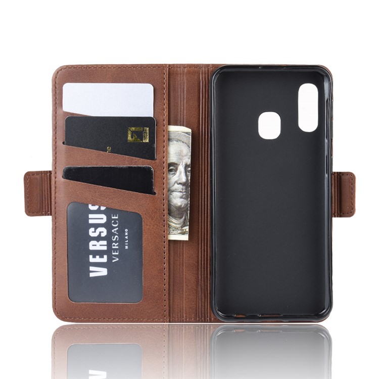 Etui Portefeuille Magnétique En Cuir À Double Fermoir Pour Samsung Galaxy A20e - Café-2